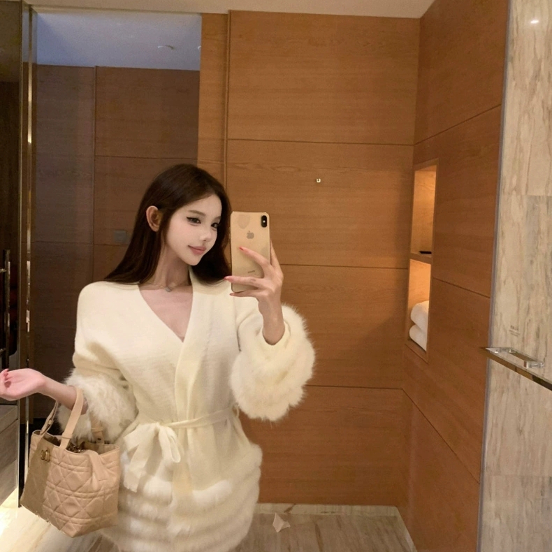 多多小众质毛毛拼接长袖高级感保暖毛衣(配腰绳)L-JYS684887