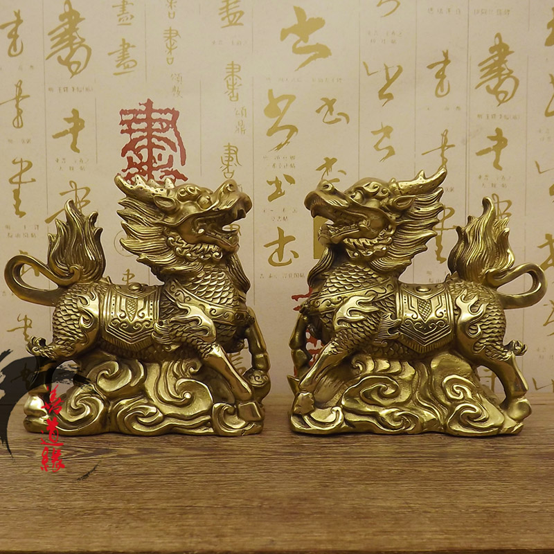 纯铜麒麟摆件一对黄铜铜祥云麒麟工艺品客厅办公室桌家居摆设饰品