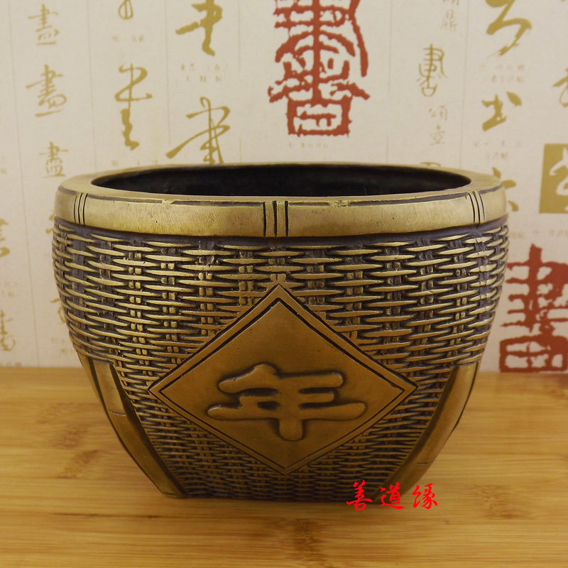 纯铜年年有余储物罐存钱罐黄铜坛子篓铜聚宝盆金斗招财工艺品摆件