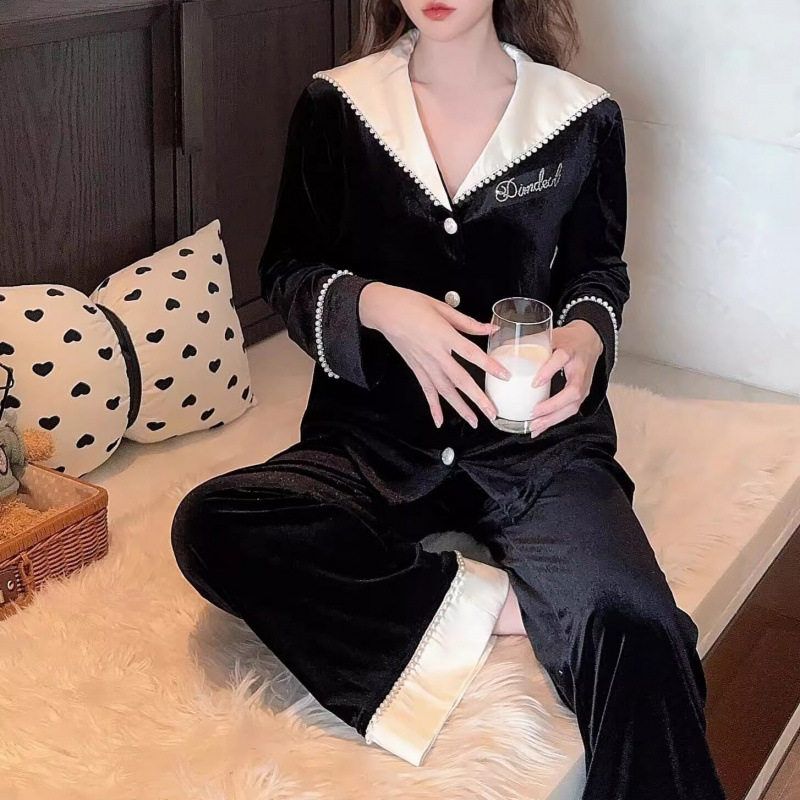 重工洋气珍珠领黑白拼色拼接丝绒睡衣女套装家居服两件套秋冬新款