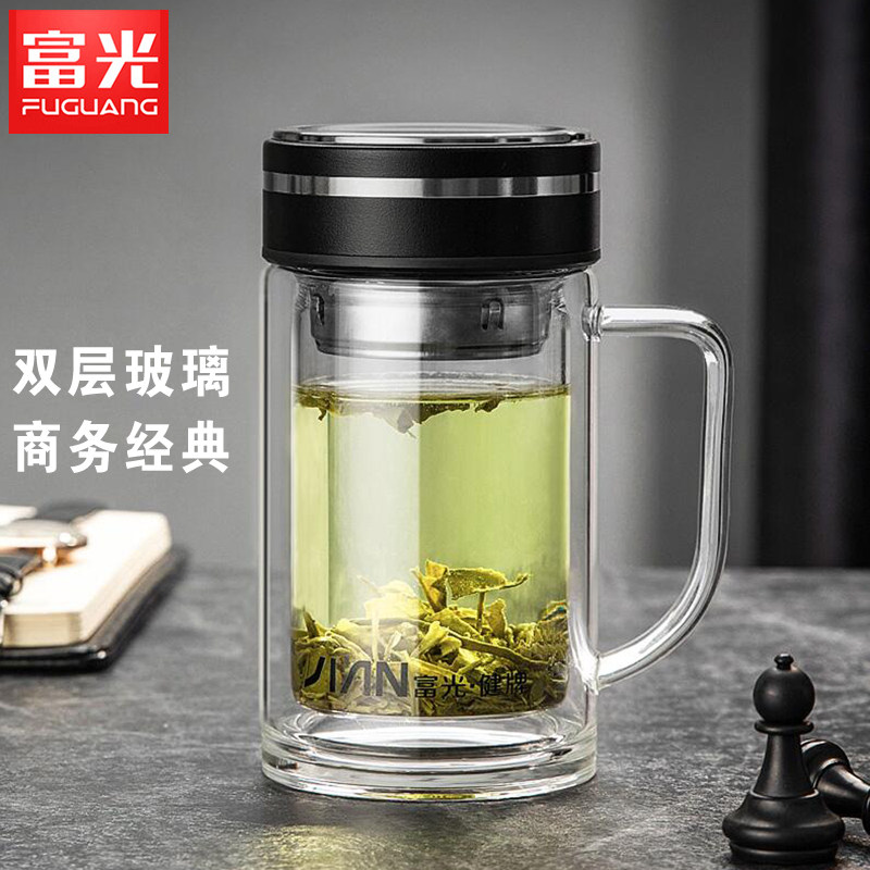 富光双层玻璃杯家用带盖男女学生水杯便携泡茶杯透明杯子随手杯子