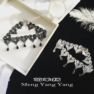 遮颈纹项链女亚马逊欧美饰品桃心蕾丝水晶吊坠颈链Choker项圈锁骨