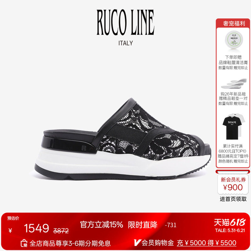 Ruco Line如卡莱意大利6CM厚底增高蕾丝鱼嘴包头外出半拖鞋女
