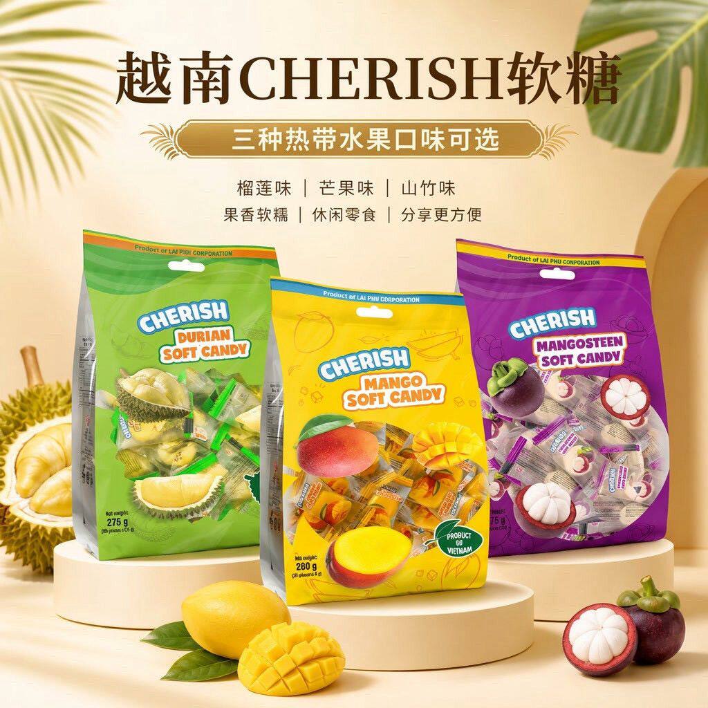 越南原装CHERISH275克办公休闲零食节日儿童礼品年货榴莲山竹软糖
