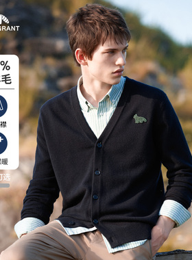 亨利格兰经典Y领开襟开衫男士2025秋冬气质羊毛衫休闲百搭针织衫