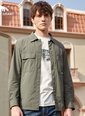 亨利格兰小熊猫 男工装休闲户外翻领长袖夹克衫军绿色外套
