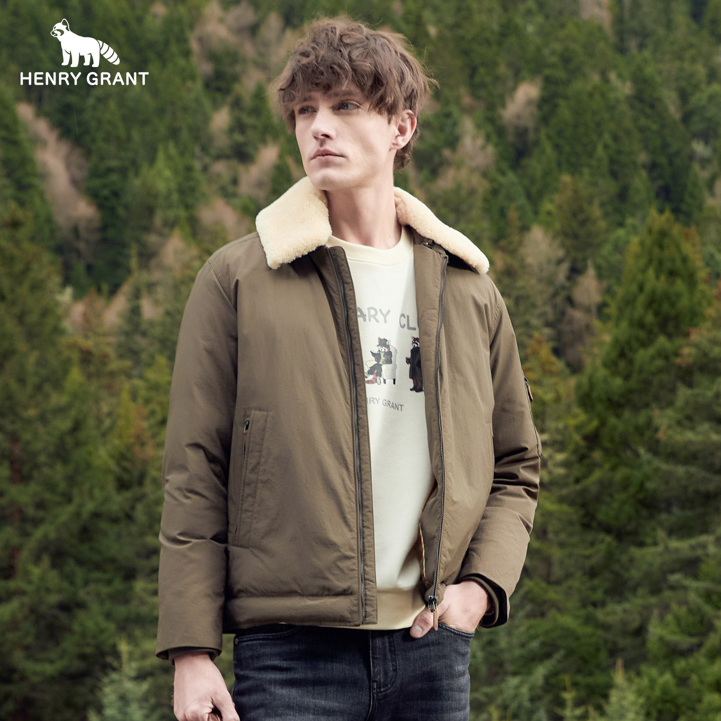 亨利格兰可拆卸羊羔毛领羽绒服男士2025冬季休闲翻领保暖外套上衣