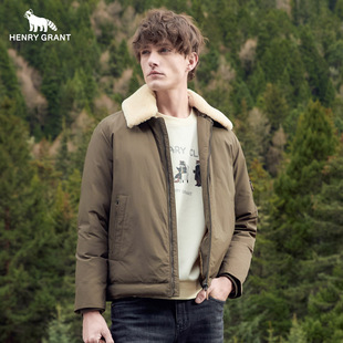 亨利格兰可拆卸羊羔毛领羽绒服男士2025冬季休闲翻领保暖外套上衣