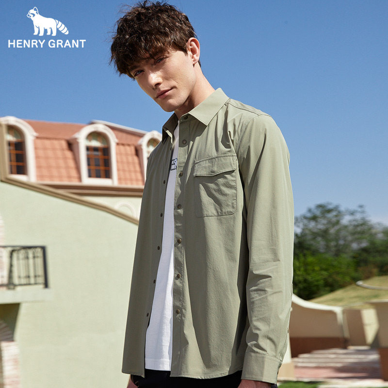 亨利格兰小熊猫男装春季新品男潮流百搭工装长袖衬衫外套休闲衬衣