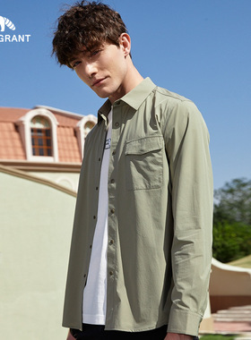亨利格兰小熊猫男装春季新品男潮流百搭工装长袖衬衫外套休闲衬衣
