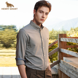 衬衫 男商务休闲尖领格纹复古长袖 百搭衬衣 新品 亨利格兰小熊猫秋季