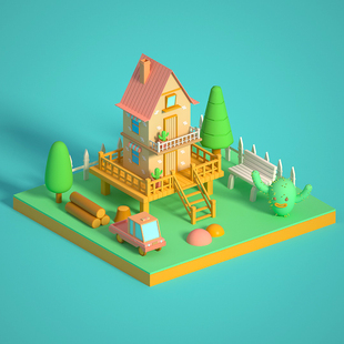 C4D模型农家小院源文件 自建3D场景建模教程普通材质 网盘发货A1