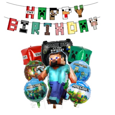 我的世界主题宝宝生日派对布置装饰 Minecraft一次性桌布拉旗气球