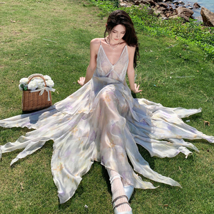 法式旅游度假超仙吊带裙女2025水母裙夏季新款印花初恋吊带连衣裙