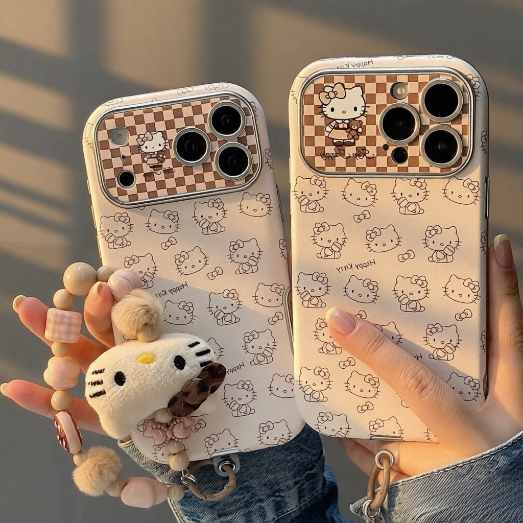 米棕色hellokitty适用iPhone17promax精孔手机壳苹果17pro镜头全包皮质16pro防摔简约可爱KT猫外壳15带挂绳女
