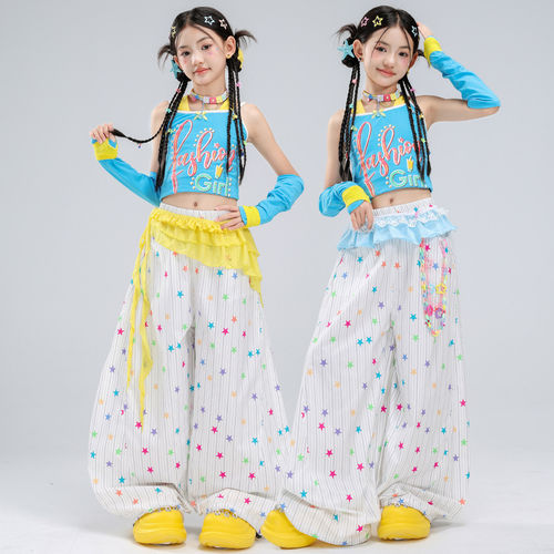 少儿爵士舞服装夏天露脐女童蓝色吊带舞蹈服jazz女孩走秀表演服女
