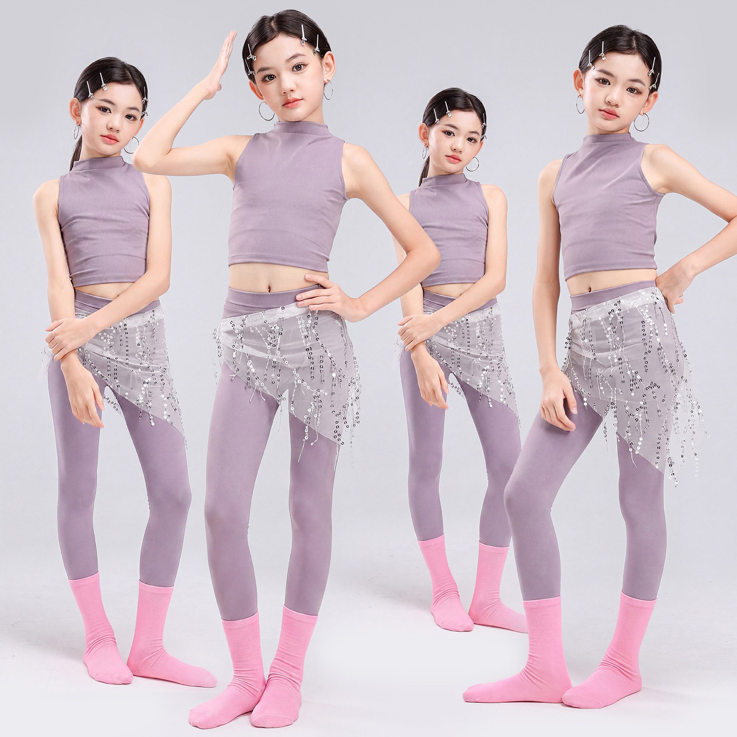 爵士舞服装女童高级紫背心小高领瑜伽服形体服女孩爵士走秀舞蹈服图片