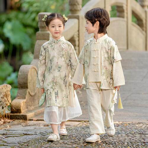 女童汉服秋季连衣裙2024新款男童长袖古装中国风唐装国庆演出服