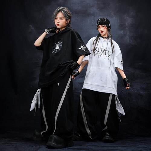 嘻哈童装潮牌街舞儿童潮服锁链裂纹男童黑白套装hiphop女童演出服