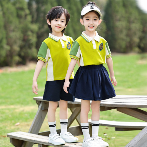 幼儿园园服夏季短袖套装儿.童六一演出学院风小学生黄绿色运动服