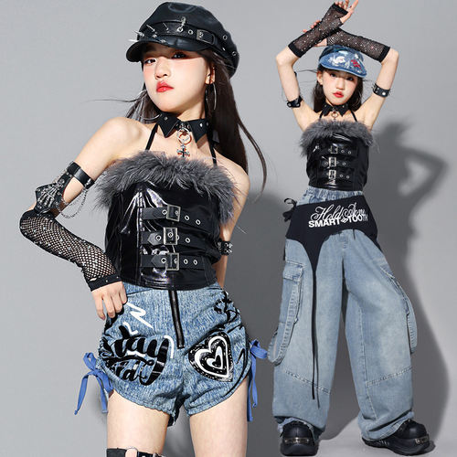 女童黑色爵士舞牛仔服装少儿jazz背心套装女孩潮装儿童街舞演出服