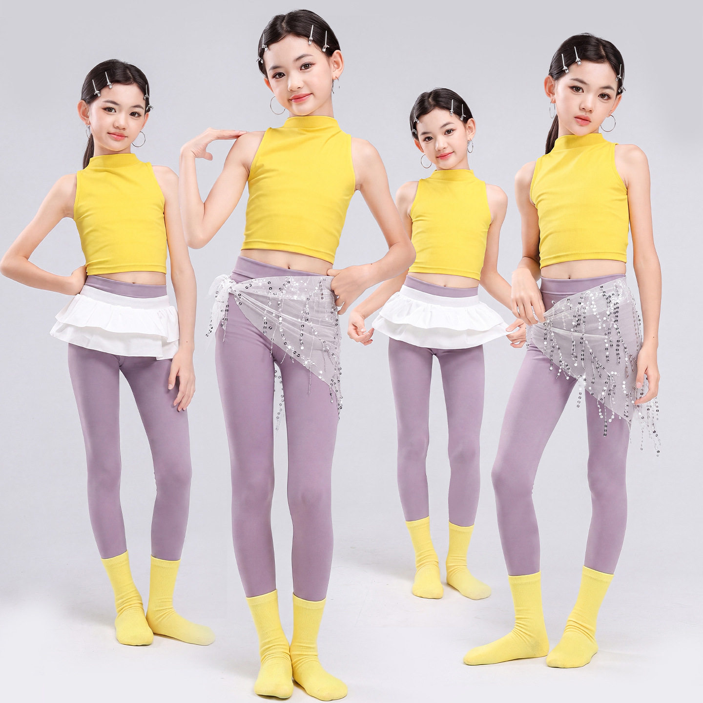 儿童舞蹈服女童练功服黄色修身背心小高领瑜伽形体服爵士舞表演服图片
