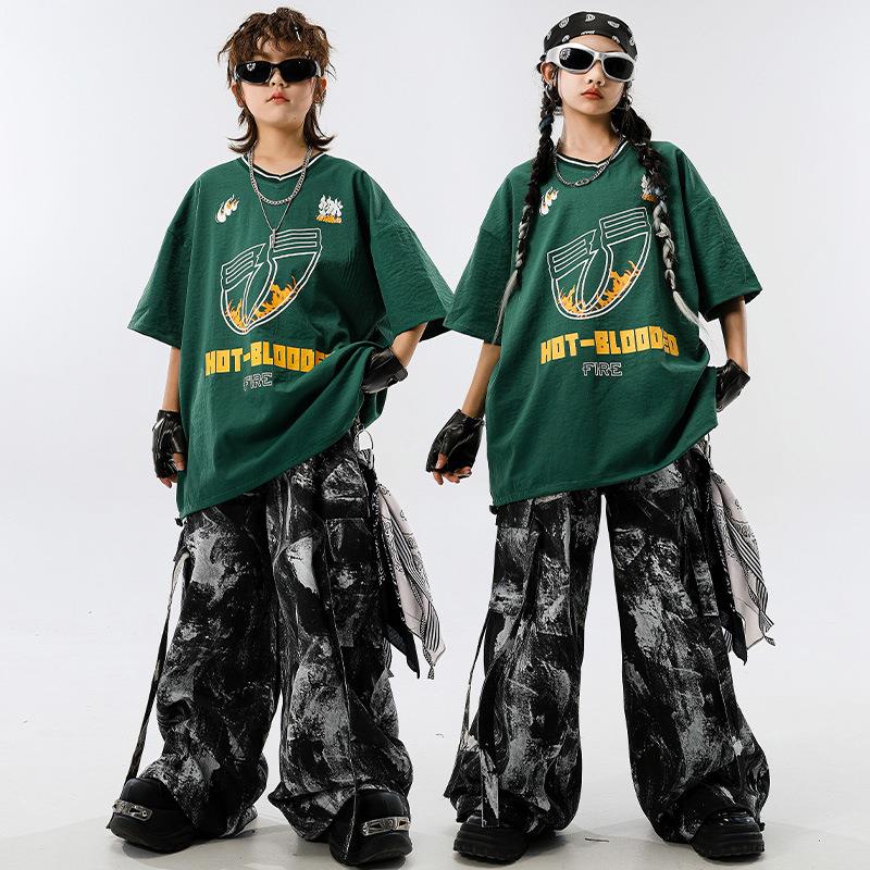 hiphop街舞童装嘻哈潮牌绿色套装儿童潮服男童炸街女童六一演出服