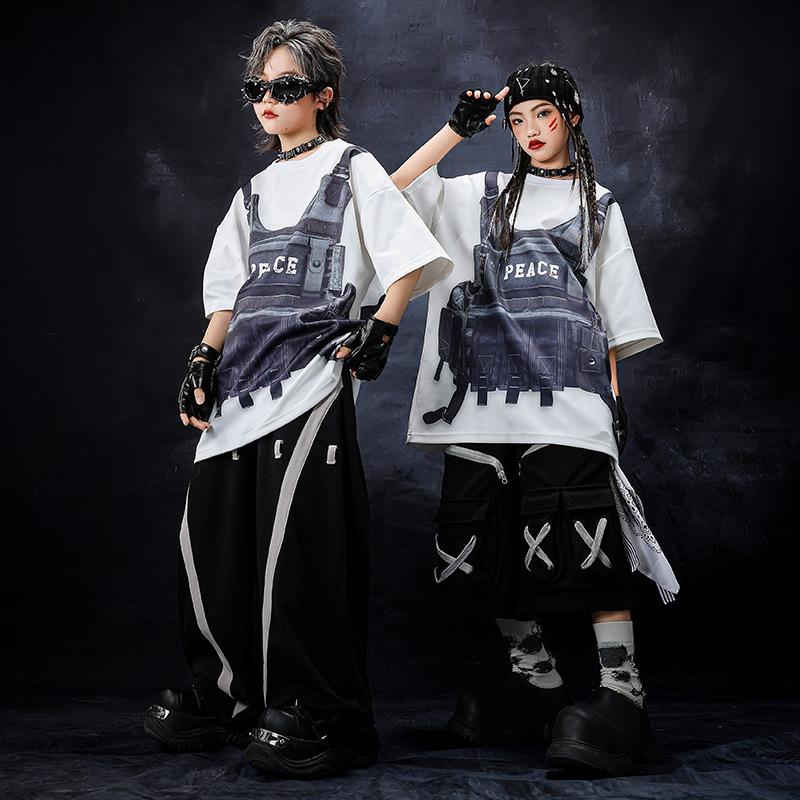 儿童街舞潮服嘻哈假两件短袖男童舞蹈服套装hiphop女童酷帅演出服