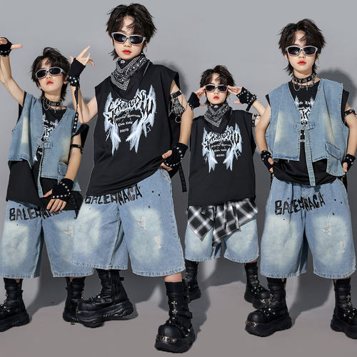 儿童牛仔街舞演出服少儿马甲套装男童嘻哈架子鼓表演服装背心潮装