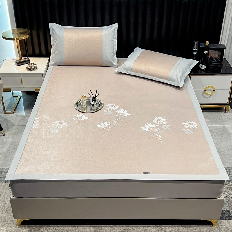 夏季冰丝凉席三件套可水洗可折叠时尚印花冰丝透气家用裸睡提花席