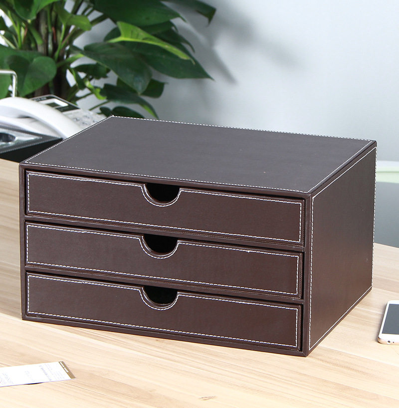 创意皮质收纳柜票据柜组织者A4资料柜皮革三层桌面办公文件柜