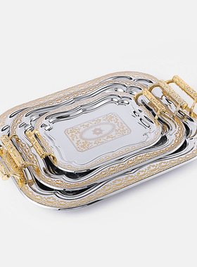 小号西式不锈钢茶水杯端盘金色花边ktv托盘家用果盘欧式自助餐盘