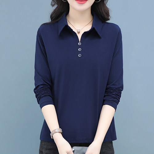 翻领长袖t恤女春秋新款POLO中年妈妈胖mm显瘦纯棉打底衫上衣外套T