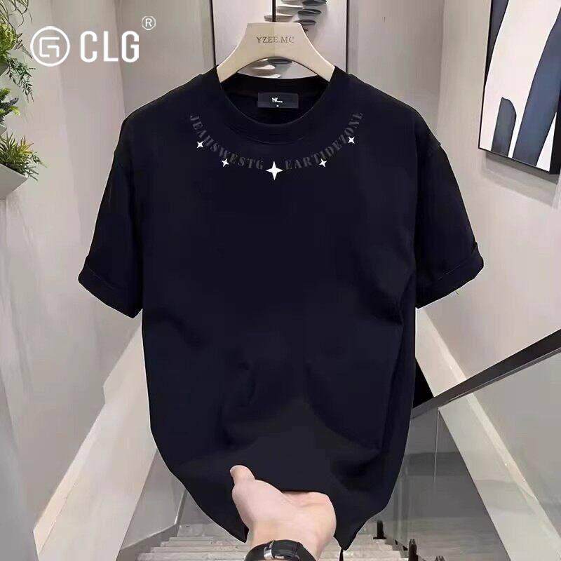香港CLG潮牌重磅男装纯棉短袖T恤大尺码休闲港味圆领印花上衣春夏