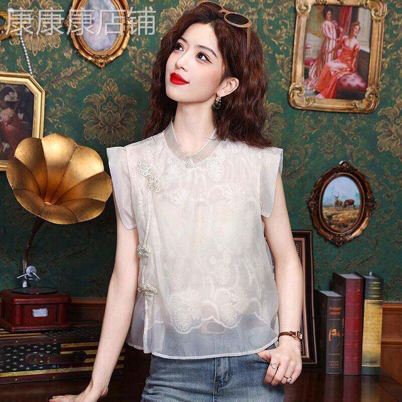 雪纺衬衫女短袖夏季2025新款修身显瘦新中式盘扣国风薄纱小衫上衣