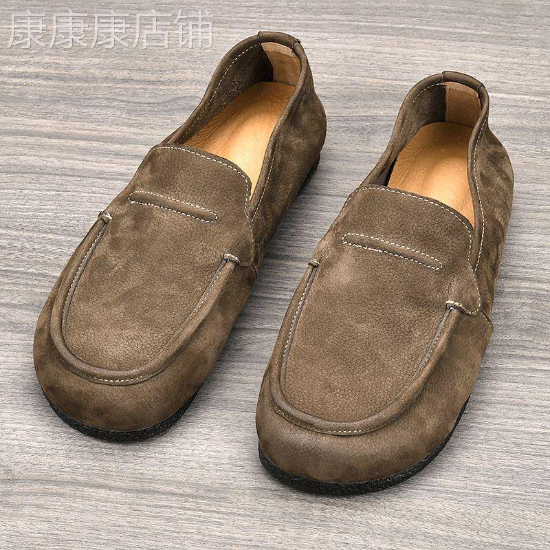 IT ins头层牛皮豆豆鞋男复古磨砂软面软底懒人一脚蹬套脚休闲皮鞋