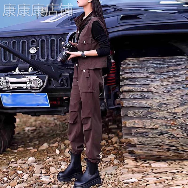 美式复古休闲运动套装女2026春季新款时尚设计感马甲工装裤两件套