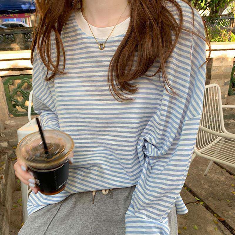 2025夏季新款条纹针织衫女长袖薄款韩版宽松套头防晒罩衫打底衫