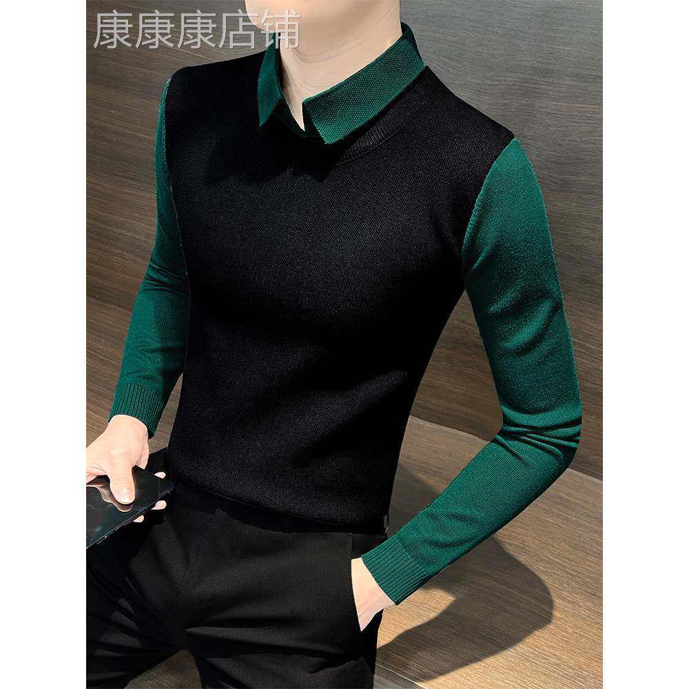 假两件毛衣男士春秋款男装上衣2025新款高级感春季针织打底衫男款