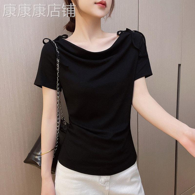 荡领绑带短袖T恤女夏新款设计感蝴蝶结正肩显瘦百搭气质打底上衣