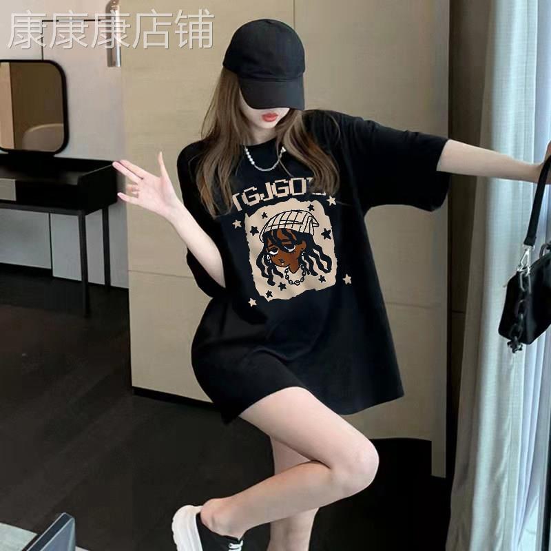 欧货黑色卡通印花短袖T恤女2026新款中长版宽松纯棉遮臀半袖上衣