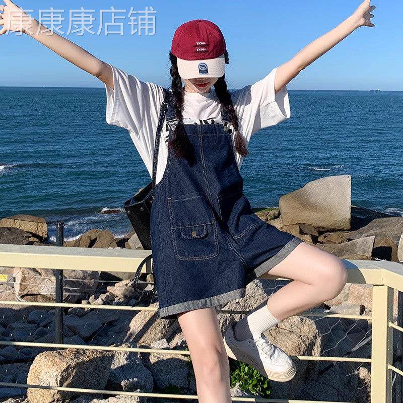 牛仔背带裤女夏季薄款2026新款宽松小个子直筒阔腿吊带连体短裤子
