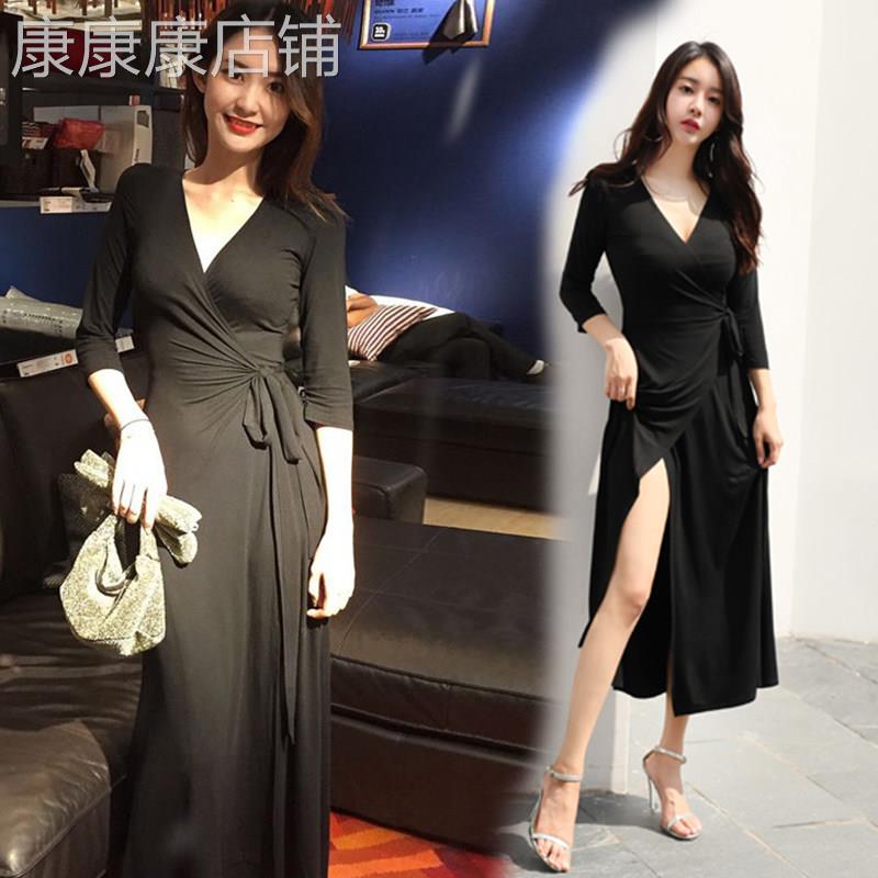 2026春夏季新款V领连衣裙女修身显瘦气质莫代尔黑色赫本包臀长裙