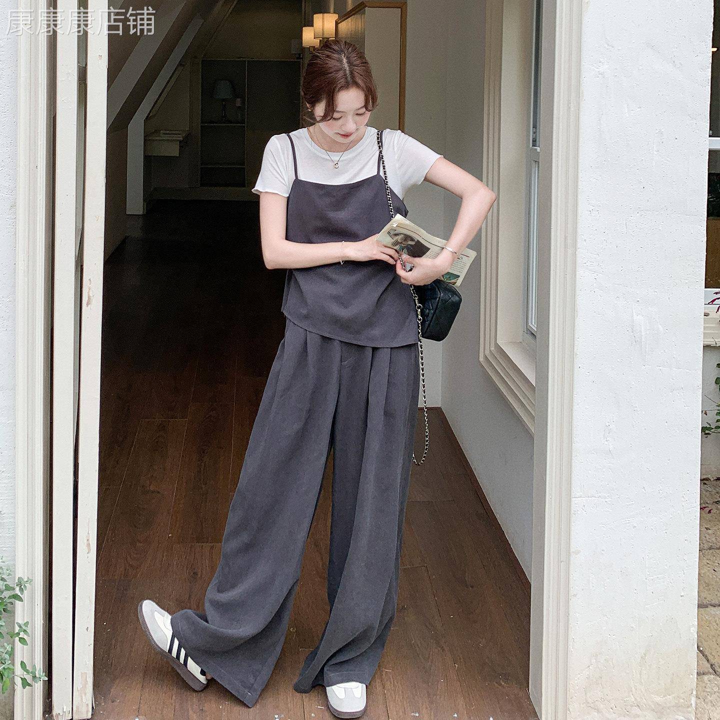 深灰色松弛感休闲亚麻套装女夏季2026设计感吊带T恤阔腿裤三件套