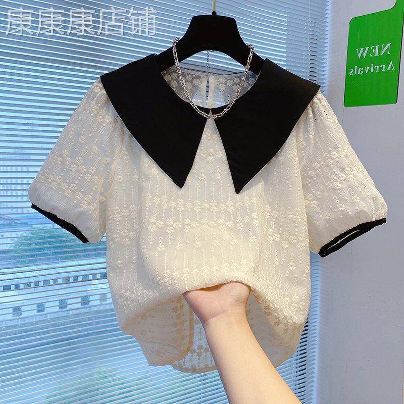 雪纺衫女夏季薄款2025新款短袖t恤宽松洋气小衫刺绣娃娃领上衣