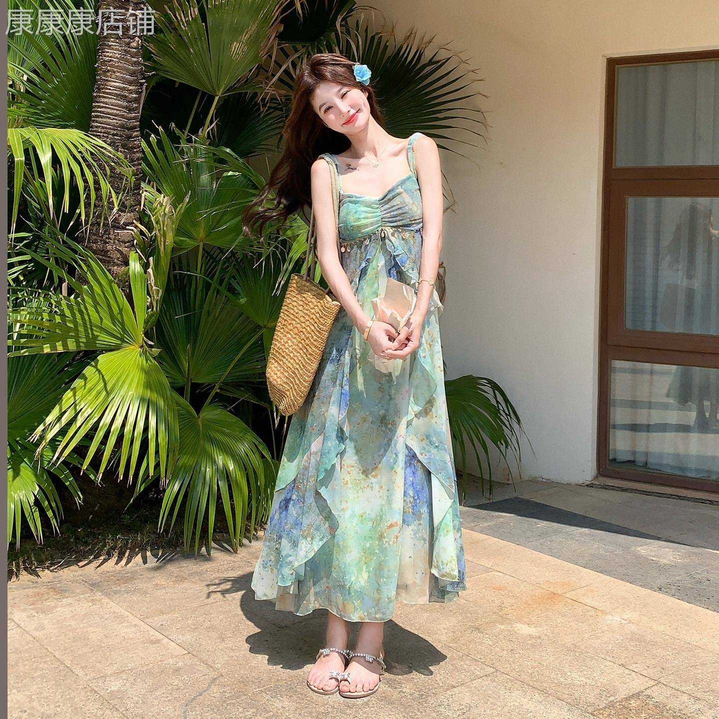 海边度假印花吊带洋装套装女2026夏超仙绝美浪漫荷叶边显瘦长裙