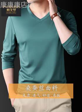 含桑蚕丝）长袖t恤男V领秋打底衫纯色体恤修身品牌2026新款坠感