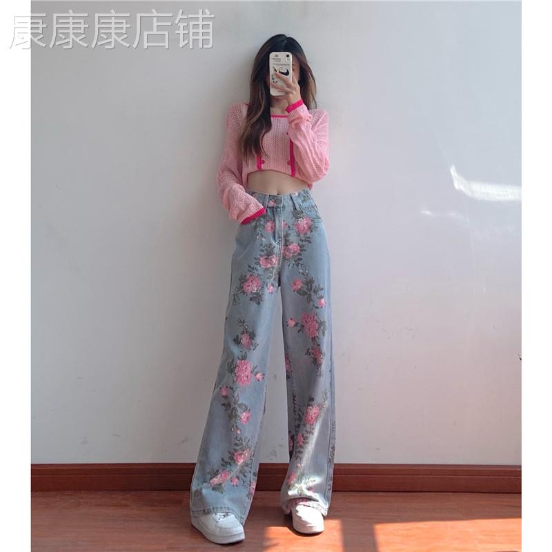 高腰牛仔裤女夏季2025年新款设计感小众宽松显瘦印花直筒宽裤子