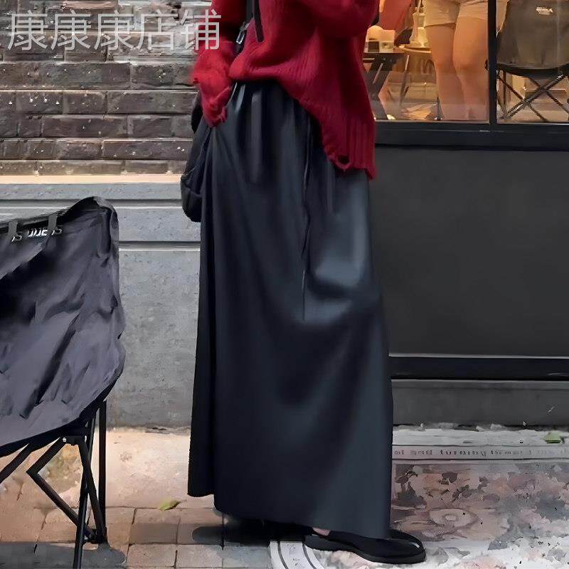 黑色皮裙女2025冬季新款韩版抽绳设计宽松遮肉显瘦百搭通勤a字裙
