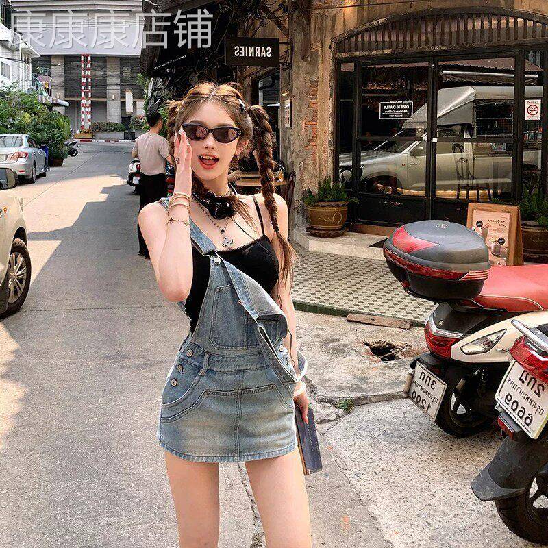 潮牌牛仔抱婴袋短裤女夏季小个子可爱日系减龄设计感百搭显瘦连身